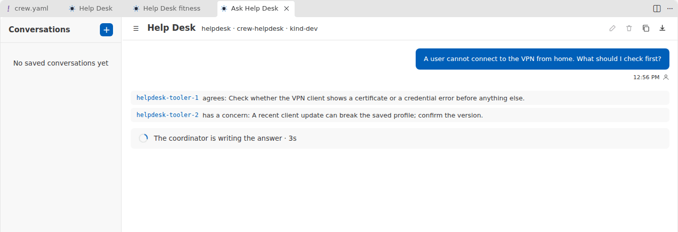 The chat while a turn runs. Two agents have reported, one agreeing and one with a concern, and a line below says the coordinator is writing the answer.