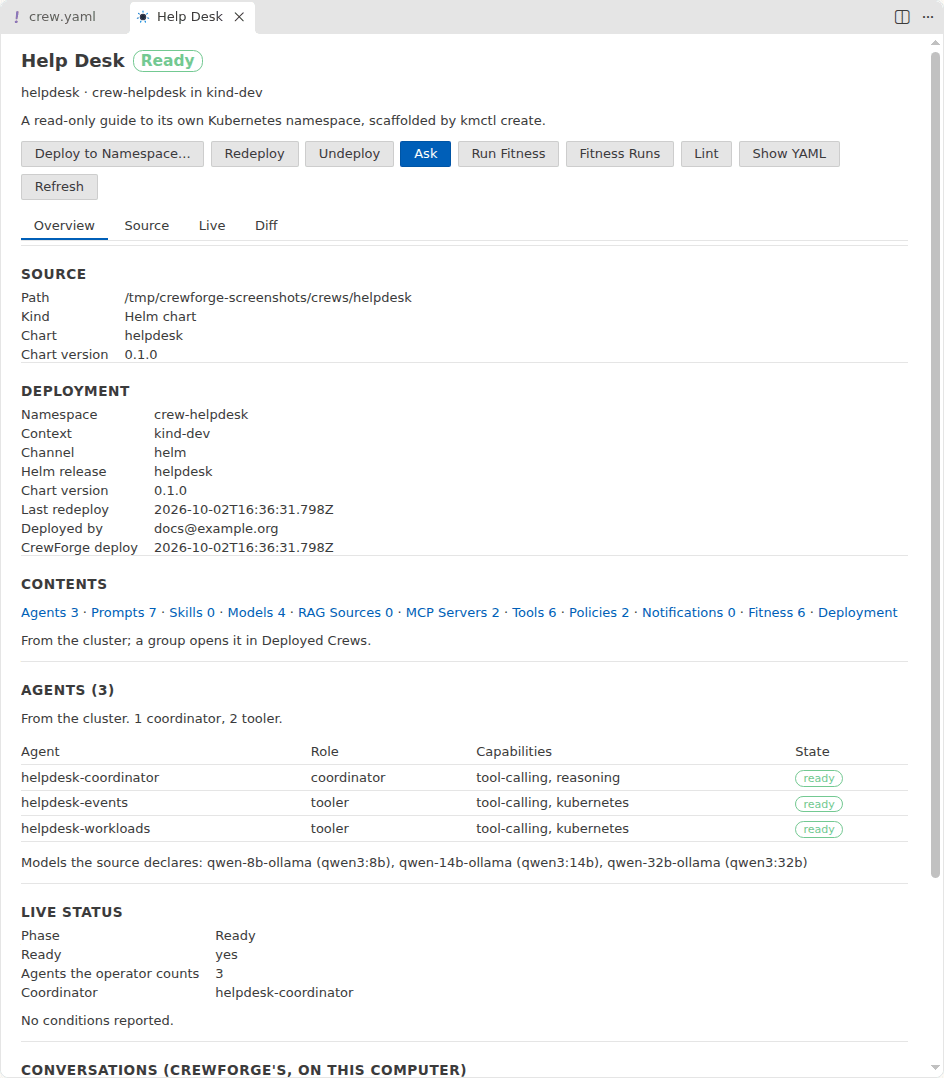 The crew dashboard’s Overview tab: the helpdesk crew is Ready; below its buttons are the source path and chart version, the deployment namespace, channel, and Helm release, and a table of three ready agents with their roles and capabilities.