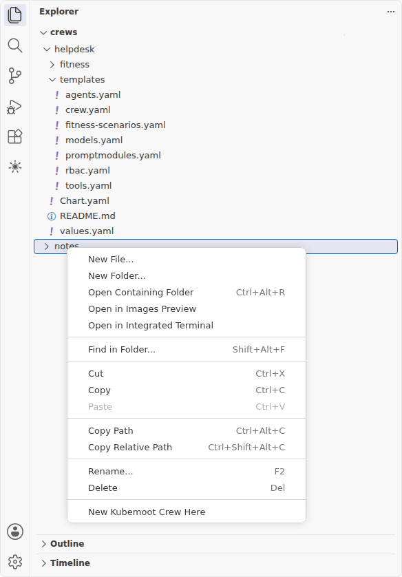 The Explorer’s context menu on a folder named notes, ending with the entry New Kubemoot Crew Here.