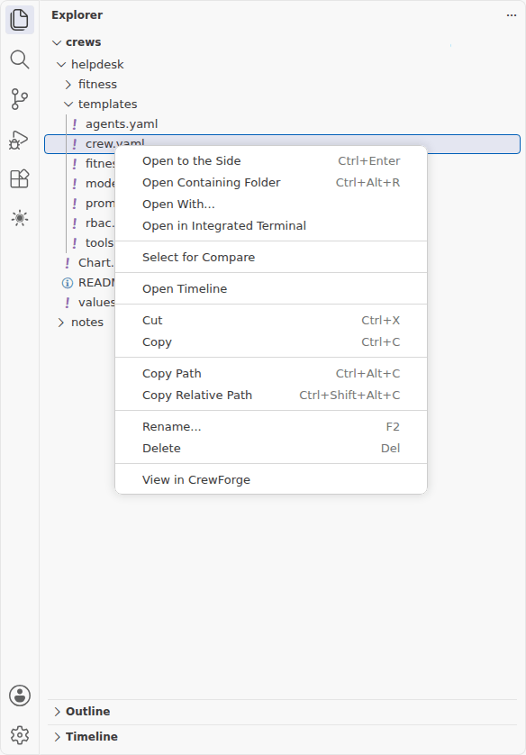 The Explorer’s context menu on templates/crew.yaml, ending with the entry View in CrewForge.