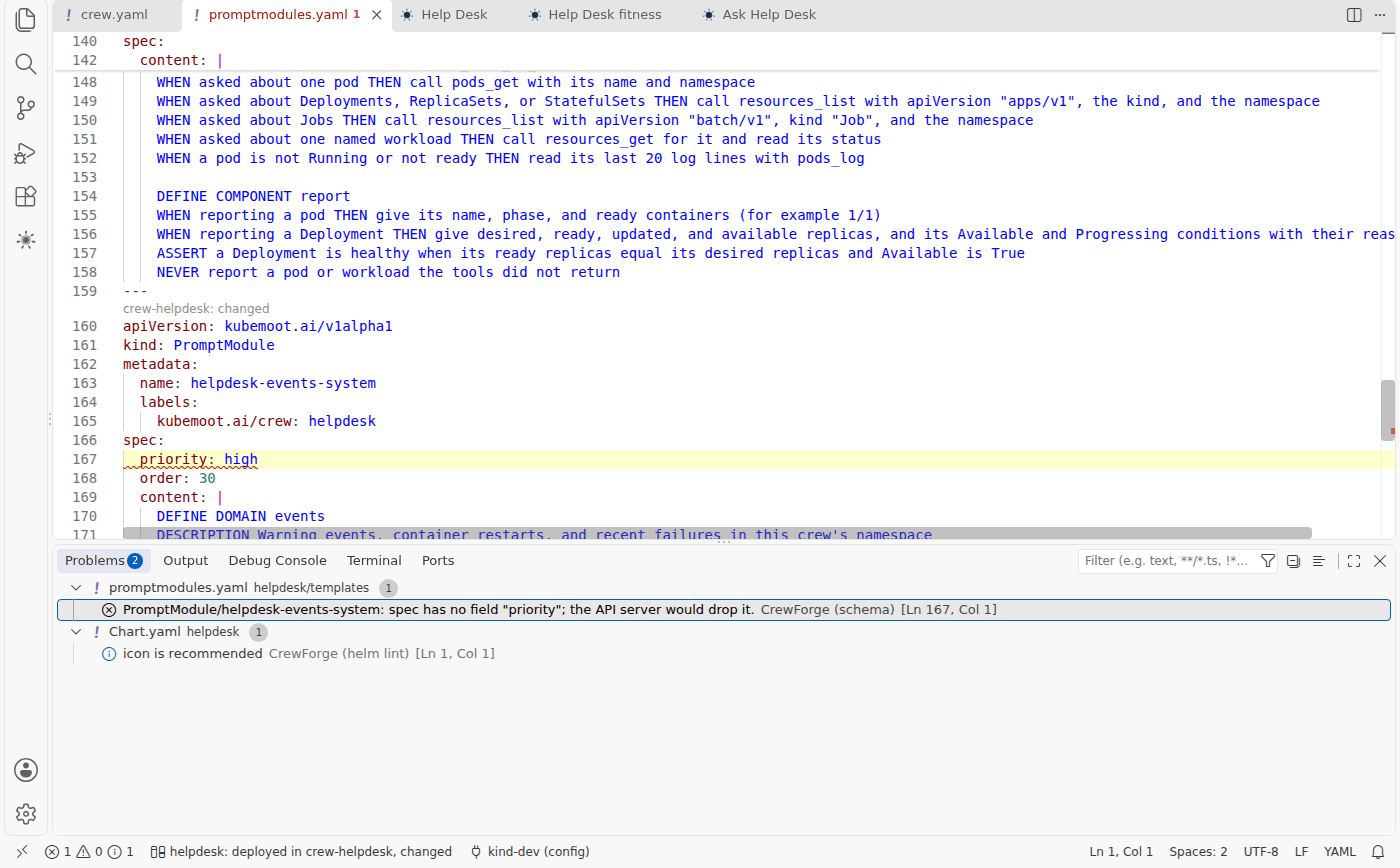 VS Code with promptmodules.yaml open at a line underlined in red. The Problems panel lists “PromptModule/helpdesk-tooler-2-system: spec has no field priority; the API server would drop it”, and an information note from helm lint.