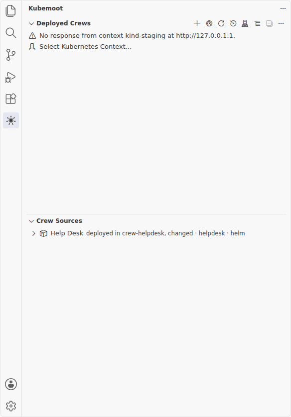 The Deployed Crews view showing “No response from context kind-staging at http://127.0.0.1:1.” with a Select Kubernetes Context item below it.