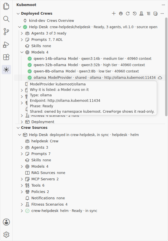The Kubemoot view in VS Code’s side bar. Deployed Crews lists the helpdesk crew with its agents and prompt modules; Crew Sources below it lists the helpdesk chart in the workspace, deployed in crew-helpdesk and in sync.